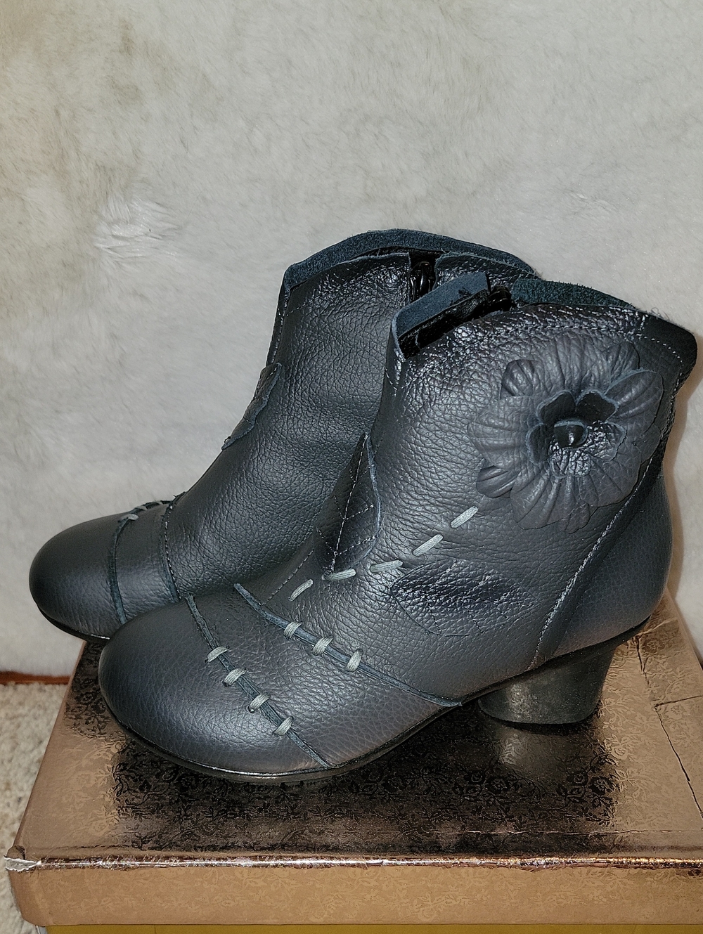 Women's Charcoal Grey Leather Floral Ankle Boots